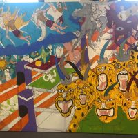 stretched canvas of animated tigers runnig in street c