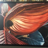 framed artwork of large red & blue leaves